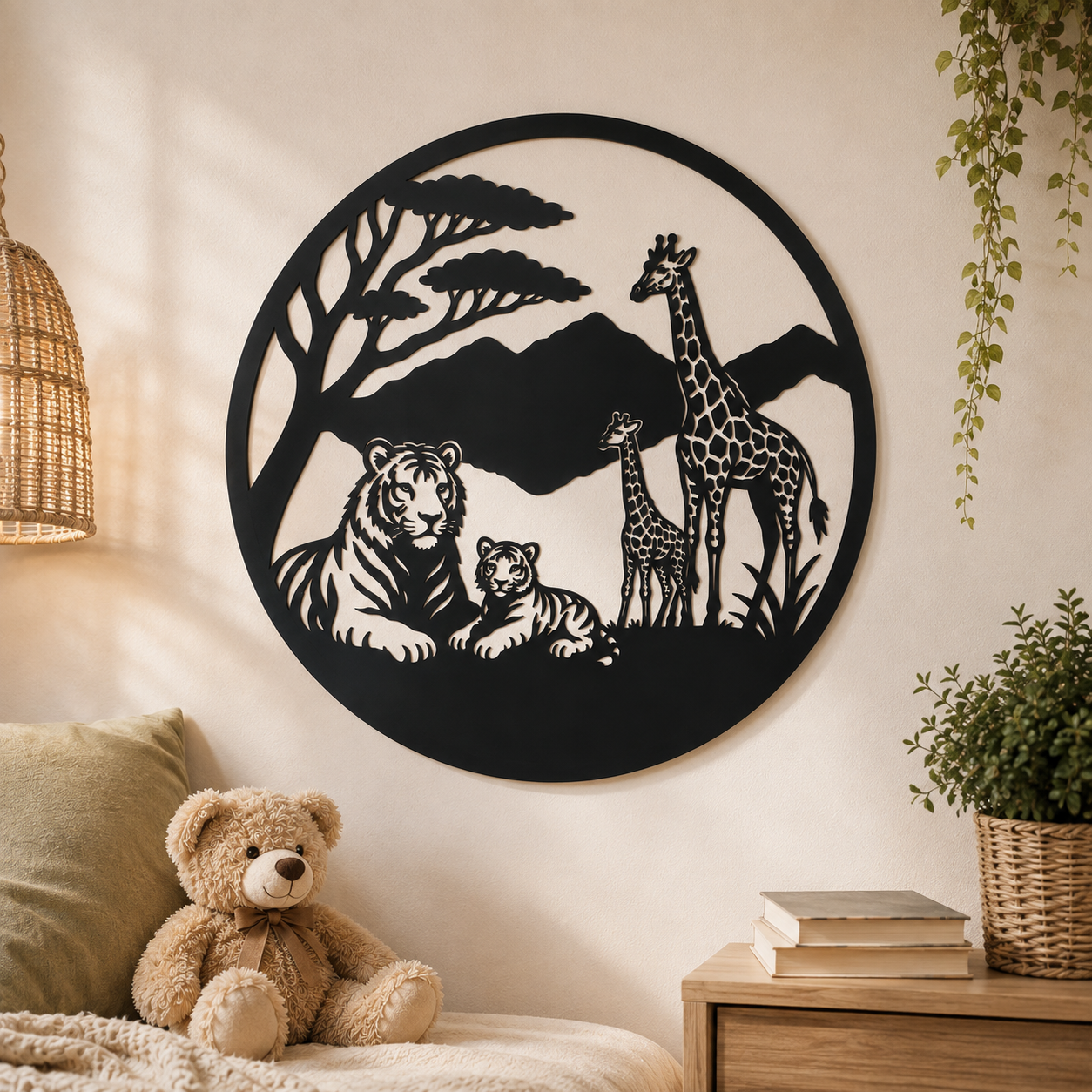 Rundes Wandbild aus Stahlblech mit Safari-Motiv im Kinderzimmer – personalisierbar mit Name und Geburtsdatum, Swiss Made