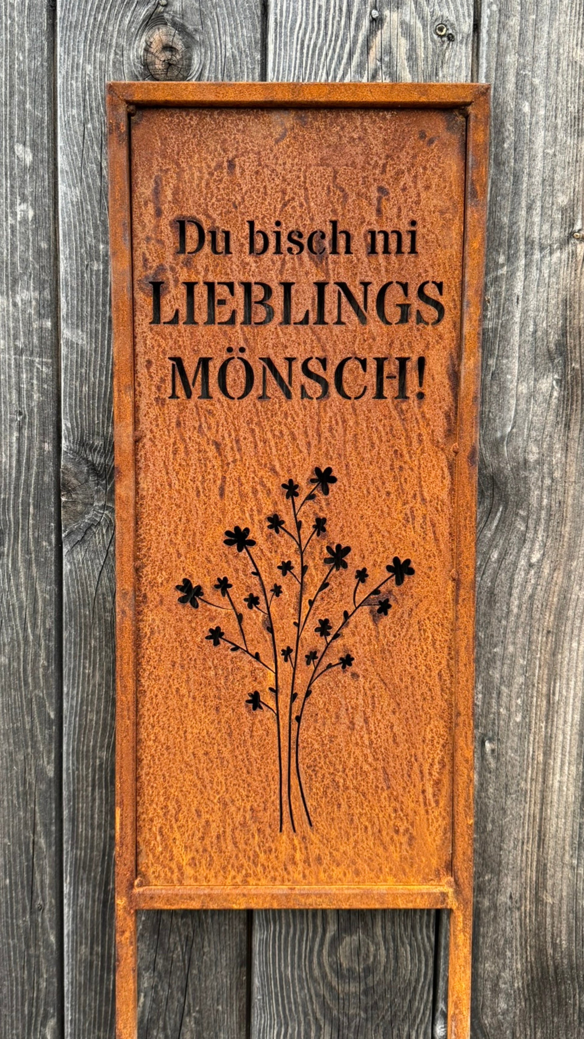 Gartenschild Lieblingsmönsch aus rostigem Stahl – persönliches Geschenk handgefertigt Schweiz