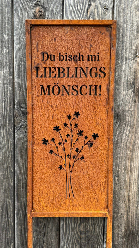 Gartenschild Lieblingsmönsch aus rostigem Stahl – persönliches Geschenk handgefertigt Schweiz